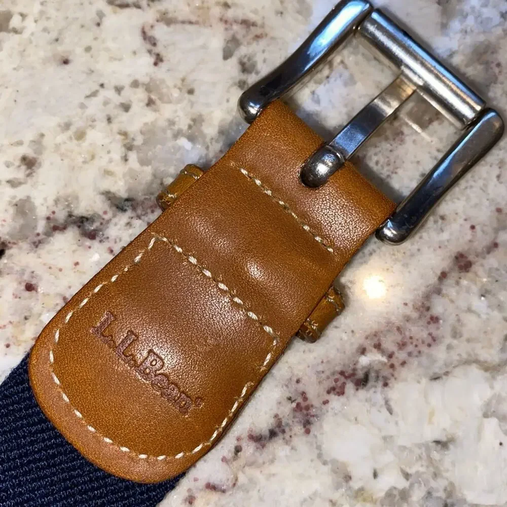 LL Bean $69 Leather Stretch Canvas Silver Mens Preppy Belt Fits XL 48”-51” EUC